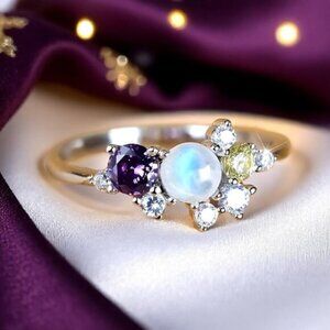 🆕️ S925 Sterling Silver Moonstone Ring Colorful CZ Cluster Delicate Size 8
